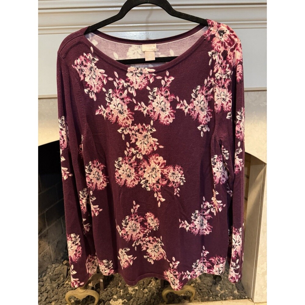 Chico’s Long Sleeve Pullover Crew Neck Floral Sweater Size L